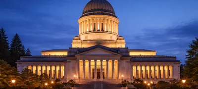 The Washington State Capitol dome in Olympia, photographed against a clear blue sky, with the dome lit from below at dusk.