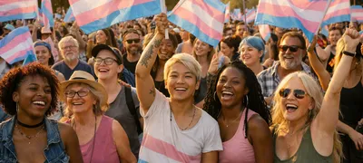 A diverse crowd of transgender and LGBTQ+ community members marching with rainbow and transgender pride flags at an outdoor rally on a sunny day.