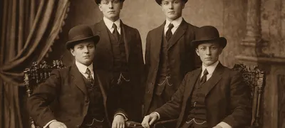 Archival sepia photograph of gender-nonconforming individuals in early 1900s formal suits and bowler hats, posed in a Victorian-era studio portrait setting.