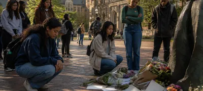 A quiet university campus walkway in spring with flowers and handwritten notes left at the base of a campus sculpture, students pausing nearby in quiet reflection.