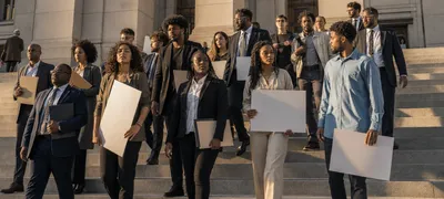 A racially diverse group of advocates and attorneys descend courthouse steps carrying folders and blank signs in warm afternoon light.