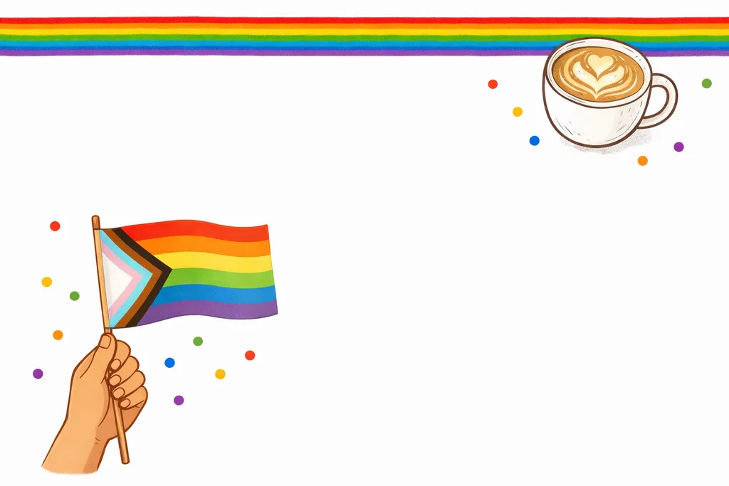 Illustrated event flyer for Rainbow Pride Coffee Hour on a white background with rainbow stripe accents, a latte art coffee cup, and a progress pride flag graphic.