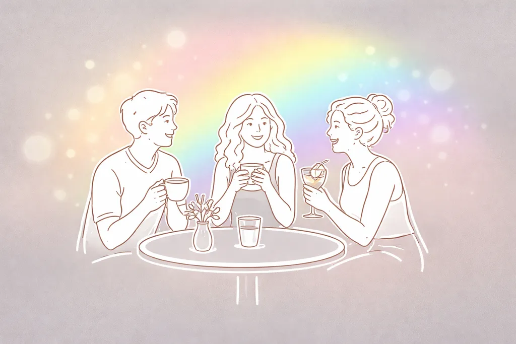 Elegant event poster with a soft silver gradient background, a vibrant rainbow glow in the center, and a white line illustration of community members sharing drinks around a table.