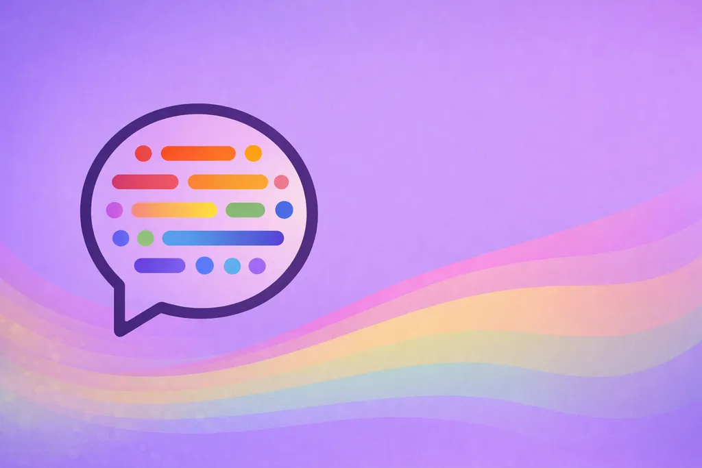 Bold conference promotional graphic on a purple lavender gradient background with soft rainbow wave patterns, a speech bubble icon with colorful dots, and bold black typography.