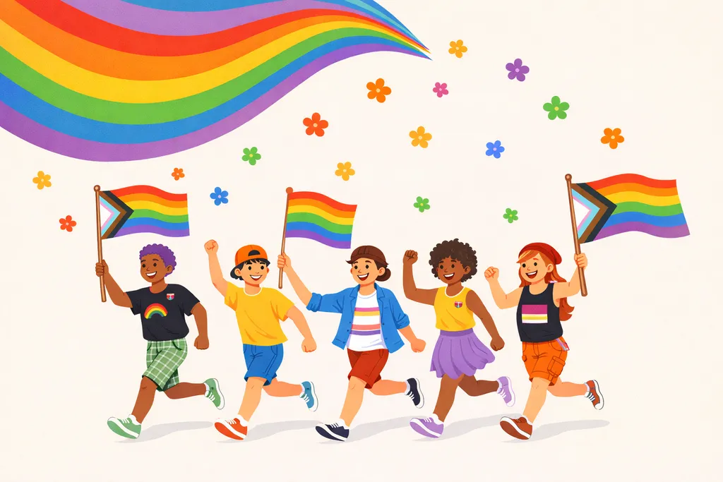 Colorful event flyer for the GSA/LGBTQIA+ Club Summit on a cream background with rainbow wave accents, illustrated youth marching with pride flags, and rainbow flower icons.