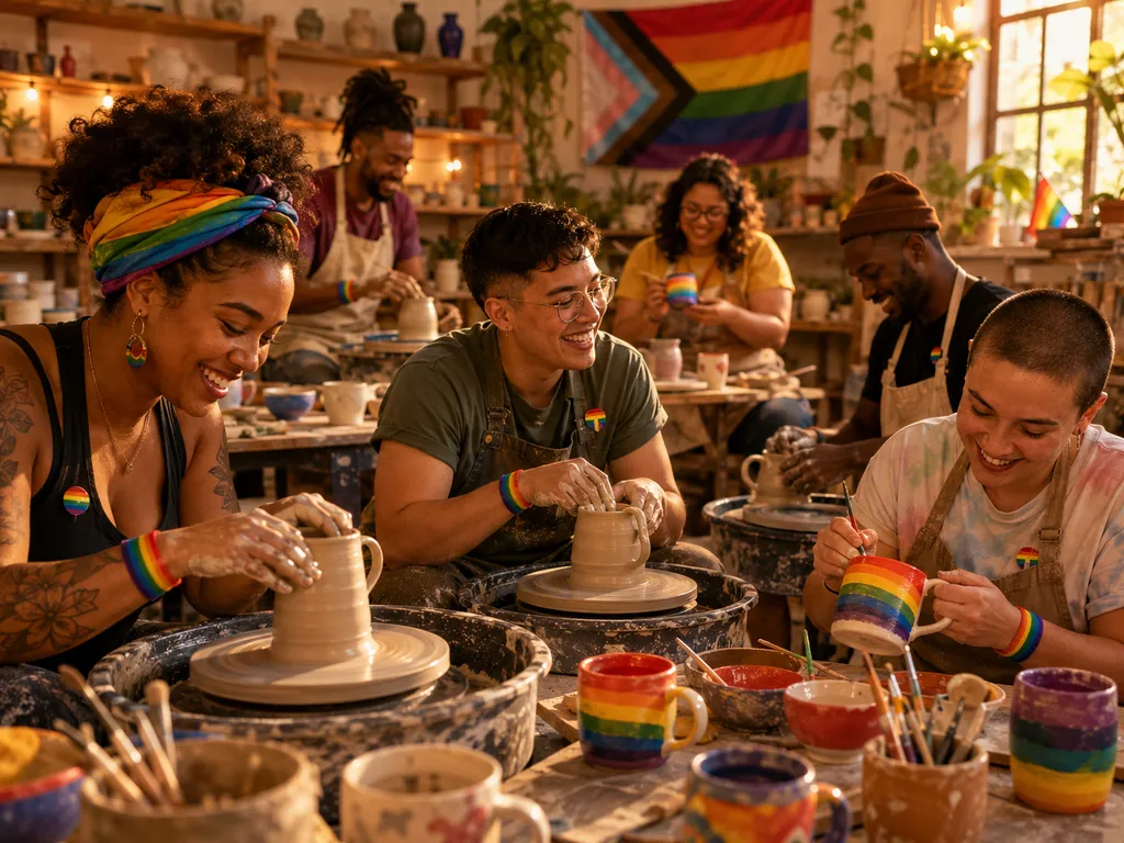 A hand holding a handmade ceramic mug decorated with painted rainbow and pride colors including red, yellow, purple, and blue details, against a blurred green garden background.
