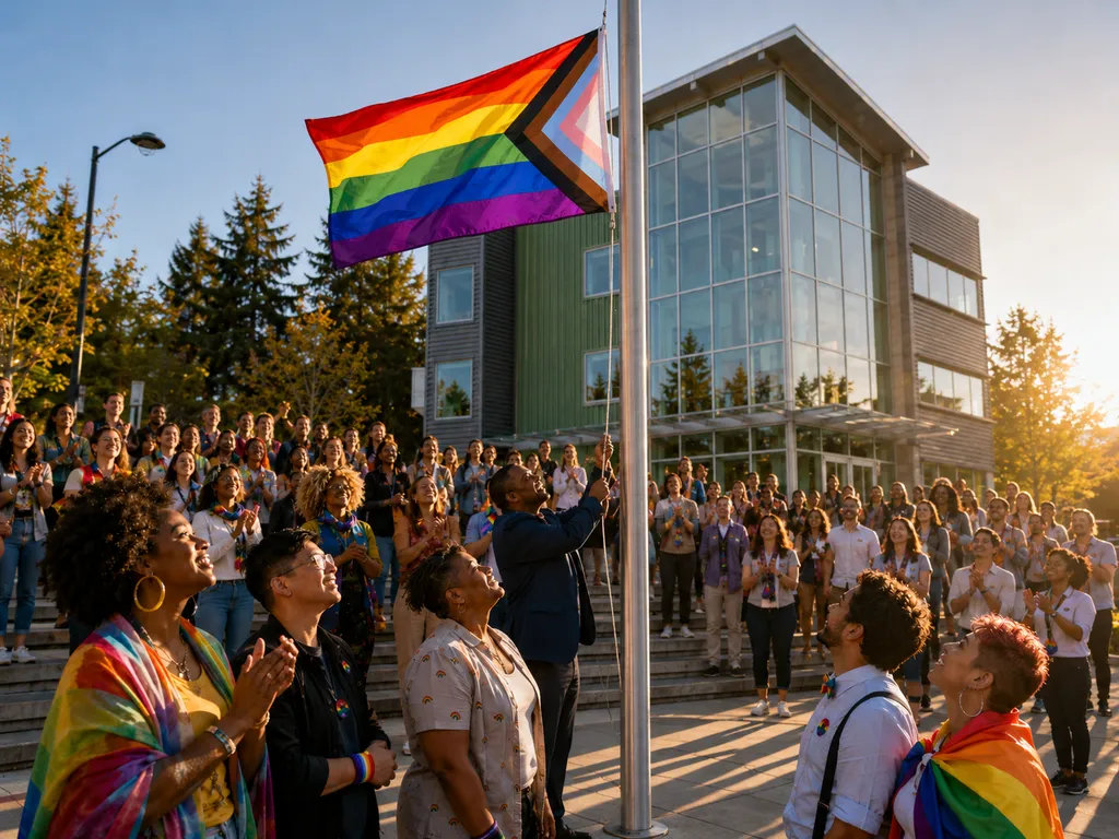 Promotional flyer for the Pride Flag Raising Ceremony at Newcastle City Hall featuring a rainbow arc over a photo of the modern glass and steel City Hall building
