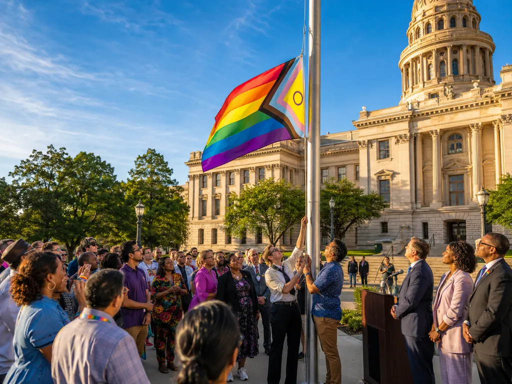 Colorful promotional flyer for the 2026 State Pride Flag Raising featuring rainbow dots and a progress pride flag flying at a flagpole on the Capitol Campus