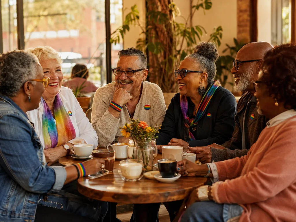 A racially diverse group of smiling older adults and allies gathered around a café table with coffee cups, wearing subtle pride accessories including rainbow pins and wristbands.