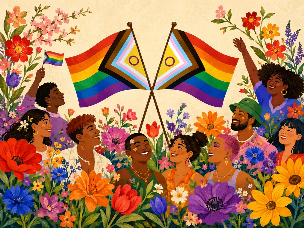 Colorful illustrated flyer for Bellevue College Pride Fest featuring two crossed intersex-inclusive progress pride flags surrounded by bold rainbow-colored flowers on a cream textured background.