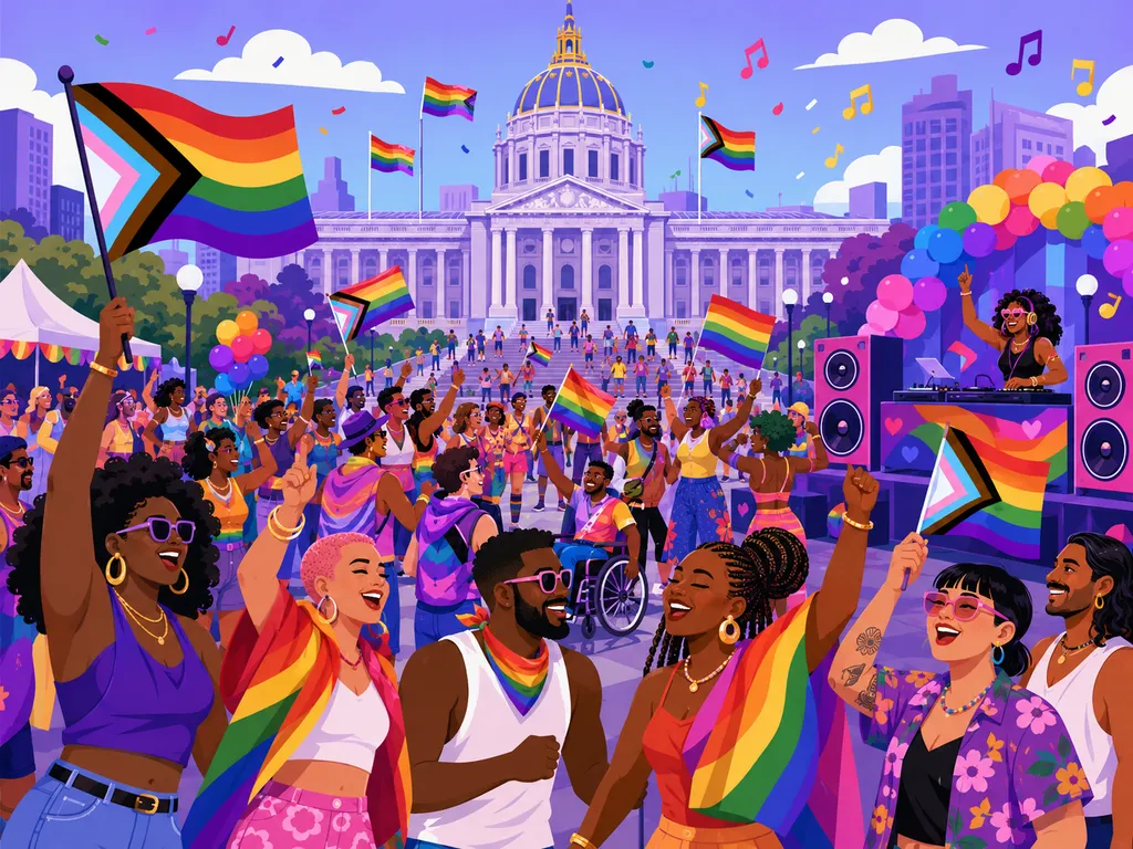 Colorful flat illustration of a joyful crowd waving rainbow and pride flags outside Bellevue City Hall, with a DJ booth, music notes, and a festive outdoor plaza atmosphere.