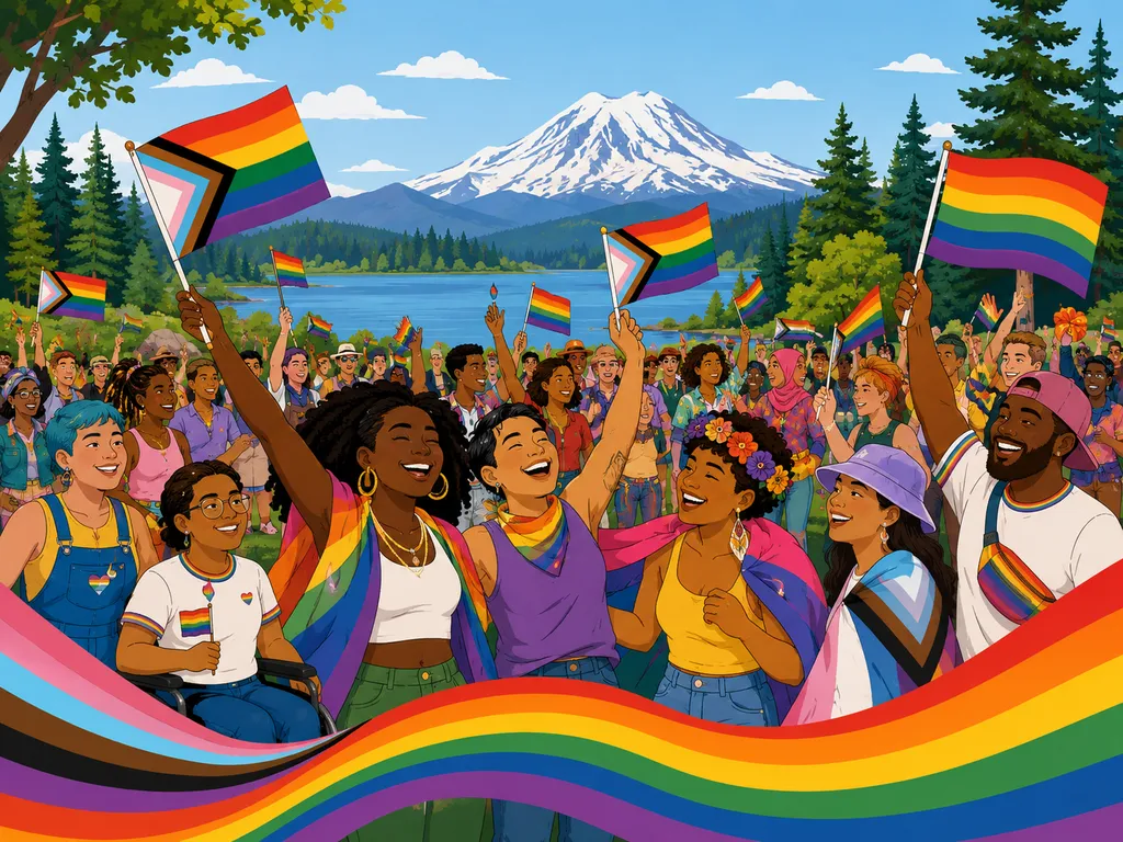 Illustrated diverse crowd of people waving rainbow and progress pride flags at an outdoor park with a mountain lake backdrop, bold rainbow color stripes sweeping across the foreground.