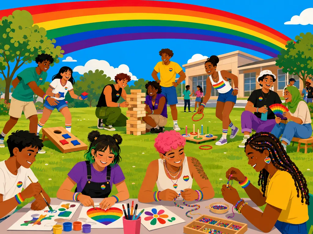 Bright sky blue illustrated flyer with bold rainbow arcs sweeping across the top, announcing a teen pride outdoor event on a sunny community center lawn.