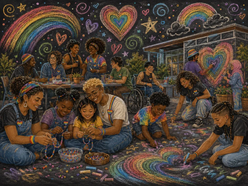 Dark chalkboard-style illustration with colorful chalk-drawn rainbow arcs, hearts, stars, and confetti surrounding a lively pride community gathering at a community center.