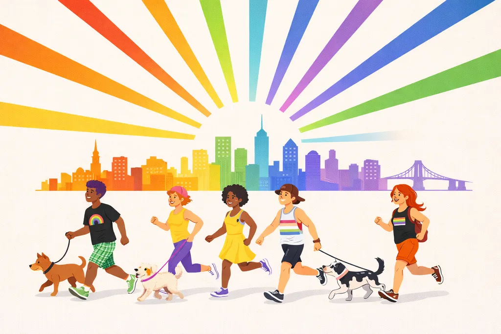 Colorful event graphic with rainbow rays over a city skyline and illustrated diverse people walking and running with dogs on a cream background.