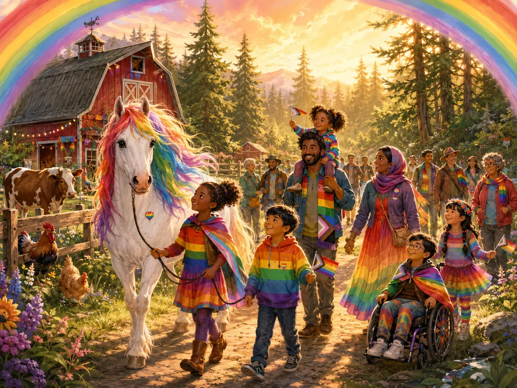 A white horse with a rainbow-colored mane posed in front of a pastel rainbow arc, evoking a unicorn at a barnyard pride event on a bright sunny day.