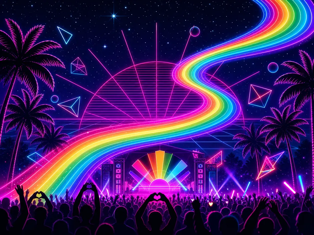 Neon pink and purple palm tree silhouettes glow against a starry night sky above a bold electric sign announcing an outdoor pride concert in the park.