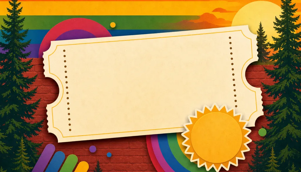Colorful rainbow-striped brick wall backdrop with a festival ticket graphic announcing a free, all-ages pride event with vendors and community resources.