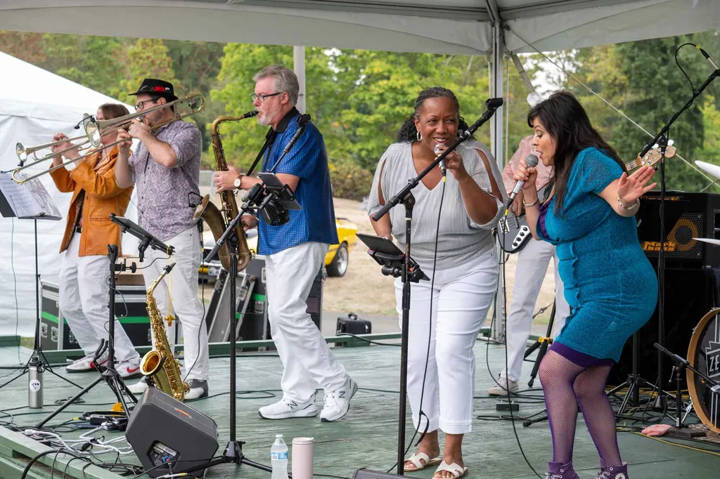 Crowd enjoying a lively outdoor concert on the lawn at Lake Boren Park during a summer evening.