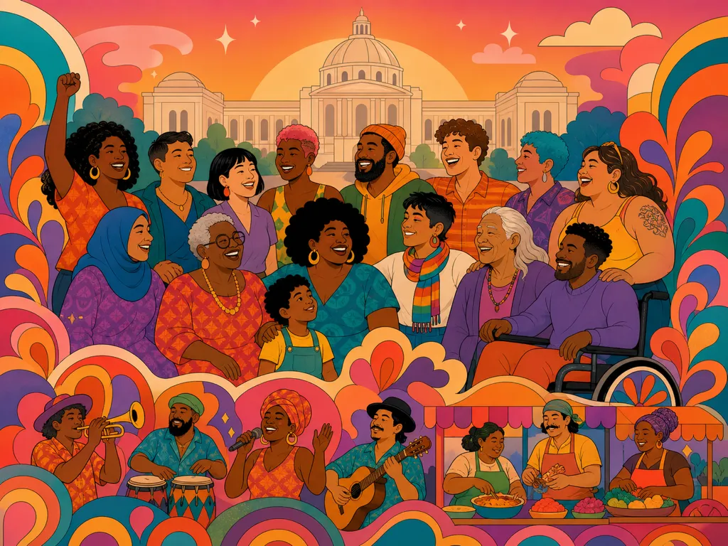 Colorful illustrated crowd of diverse neighbors celebrating together outside city hall at a welcoming community festival.