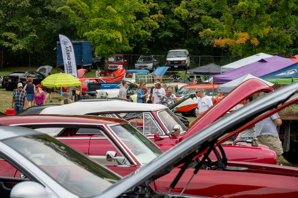 Rows of classic cruisers, muscle cars, and custom rides on display at an outdoor community car show.