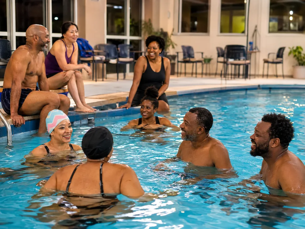 Swimmers relax and chat together in an indoor pool during a private community swim night, one wearing a light blue, pink, and white swim cap.