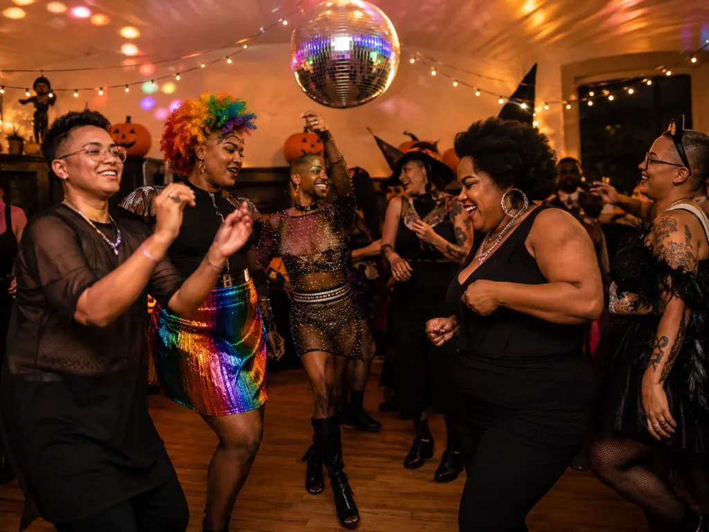 A joyful group in Halloween costumes dances together under a disco ball and string lights, one wearing a rainbow sequined skirt.