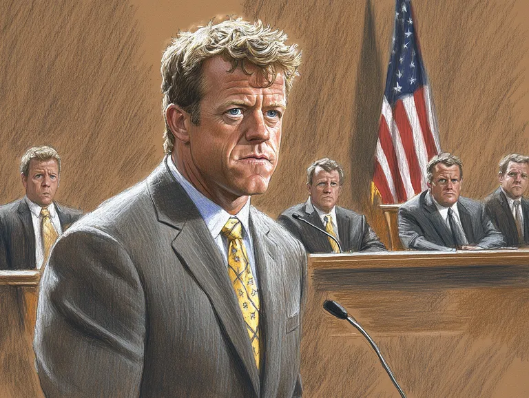 A pastel-style drawing of a politician in a gray suit and yellow tie, standing tensely in a city council meeting. His left profile is shown as other council members sit in the background, with an American flag behind them.