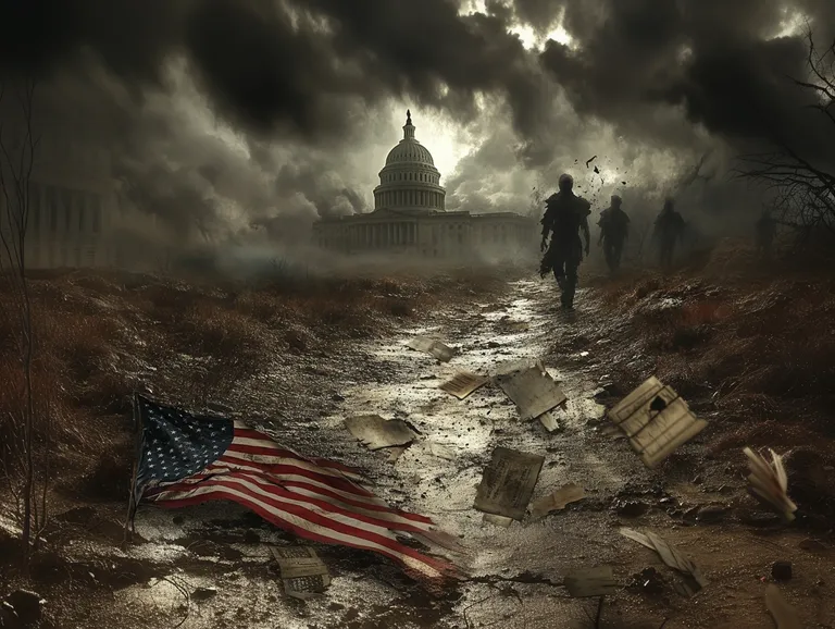 An ominous sky looms over the U.S. Capitol with torn American flags and shadowy figures representing authoritarianism, symbolizing the threat to democracy and civil rights.