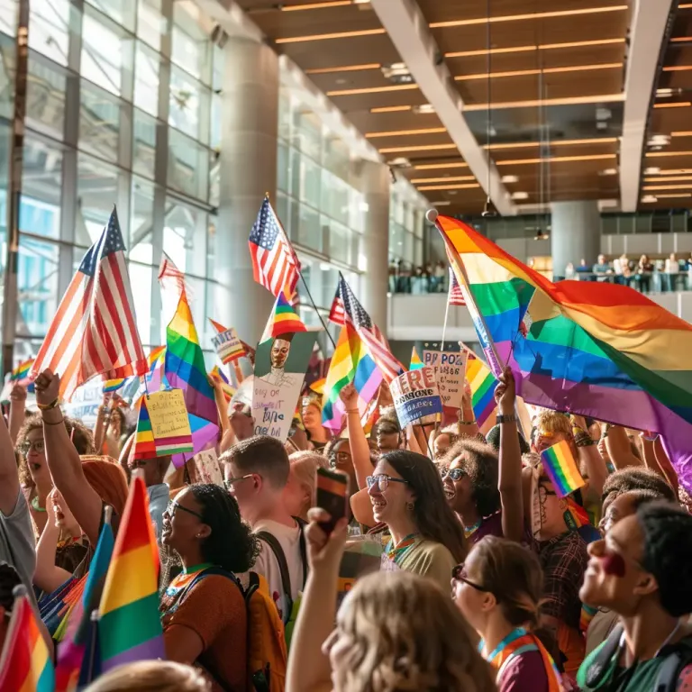 A diverse crowd gathers indoors, waving American and Pride flags, holding signs, and cheering in support of LGBTQ+ rights. The scene is vibrant and filled with energy, highlighting unity and activism.
