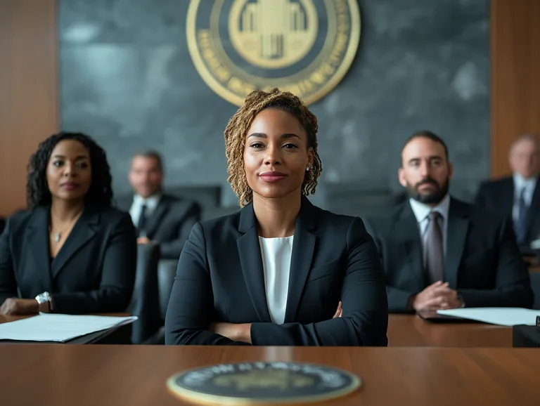 A group of council members, dressed in formal attire, sits confidently at a meeting table, with a focus on a woman at the center. The atmosphere is professional, with a large city emblem visible in the background, symbolizing leadership and governance.