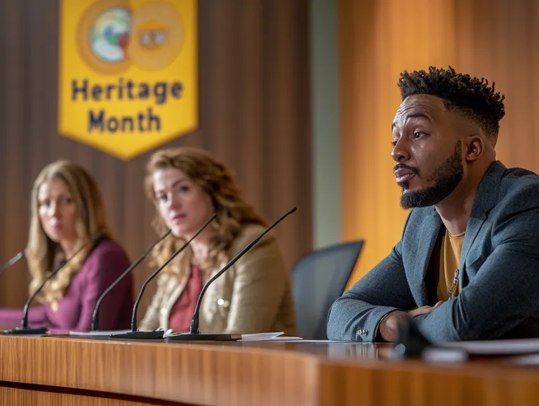 Three council members are seated at a meeting, engaged in discussion. A banner in the background reads "Heritage Month," emphasizing the topic of cultural recognition. The mood appears serious and focused, with microphones in front of each member.