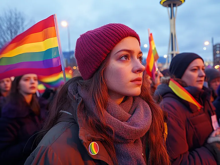 Young woman stands in a crowd holding a rainbow pride flag near Seattle’s Space Needle, looking forward with a thoughtful expression. She wears a beanie, scarf, and jacket with a small circular pride pin. The scene is set in the evening with soft, cool lighting, and other attendees hold pride flags in the background.