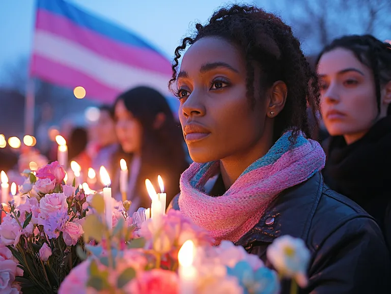 A diverse group of people hold candles and flowers in a solemn vigil, with a transgender pride flag waving softly in the background.