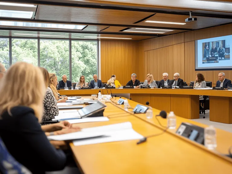 A professional city council meeting with members seated at a curved wooden desk, engaged in discussions, while a large screen displays relevant visuals. The room is bright and modern, with natural light streaming through large windows overlooking greenery, creating a collaborative and organized atmosphere.