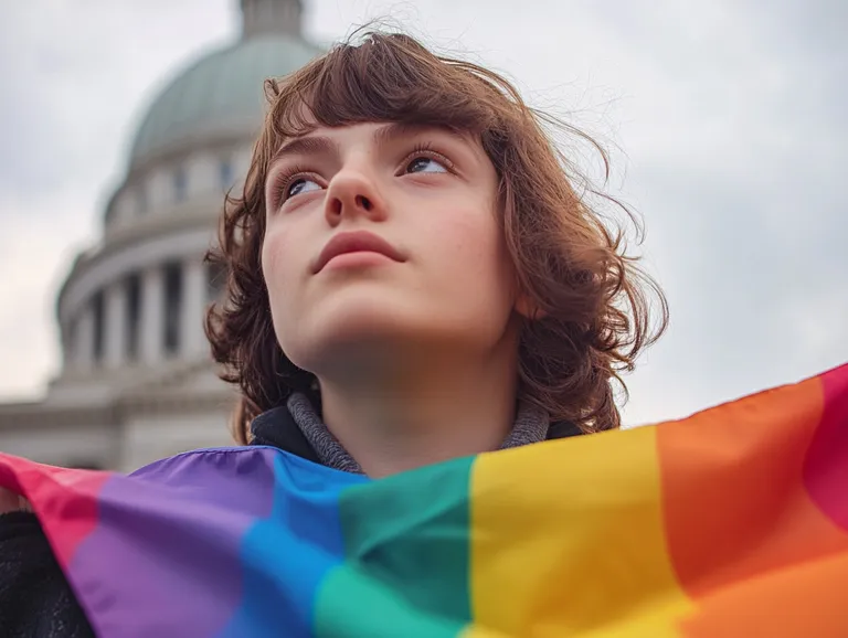 A young person stands resolutely in front of the Washington State Capitol, draped in a vibrant pride flag, their gaze uplifted against an overcast sky.