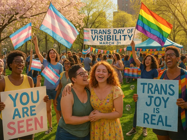 A diverse crowd celebrates Transgender Day of Visibility in a sunny park with flags, signs, cherry blossoms, and joyful community booths.