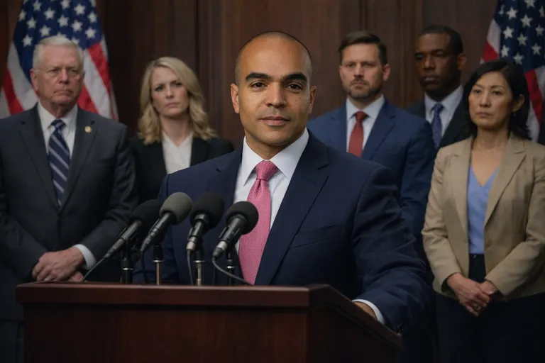 Washington State Attorney General Nick Brown speaking at a press conference, with state and legal officials standing alongside him in a formal setting.