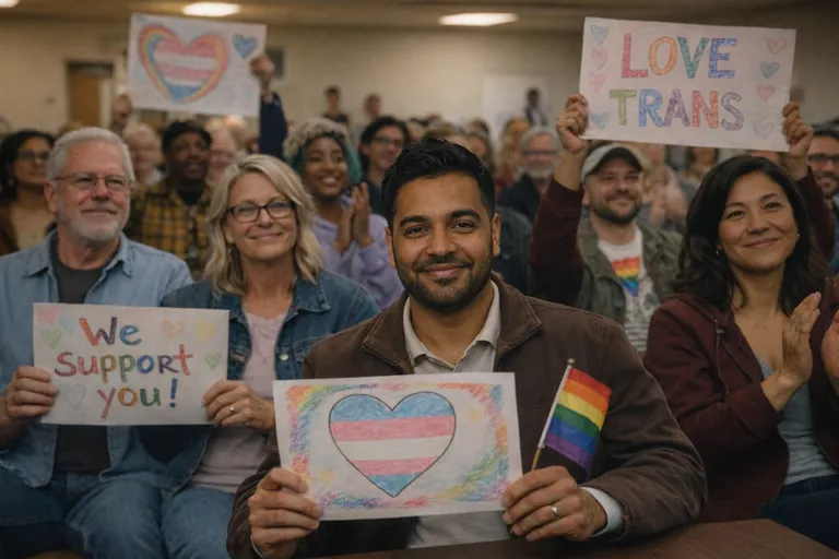 PFLAG members and LGBTQ+ allies gathered at a community meeting, holding signs of support and solidarity in a warmly lit indoor venue.