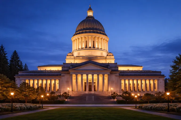 The Washington State Capitol dome in Olympia, photographed against a clear blue sky, with the dome lit from below at dusk.