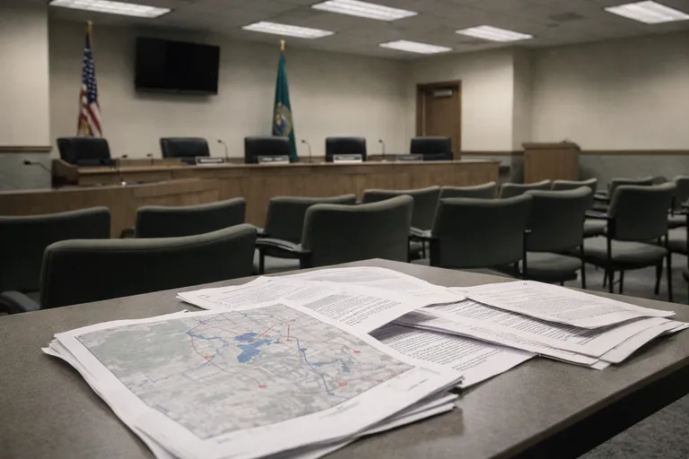A solar-powered Flock Safety ALPR camera mounted on a pole at a suburban intersection in the Pacific Northwest, overcast sky, documentary photography style.