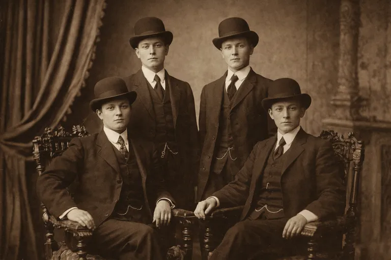Archival sepia photograph of gender-nonconforming individuals in early 1900s formal suits and bowler hats, posed in a Victorian-era studio portrait setting.
