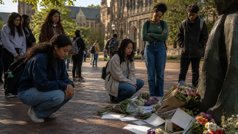 A quiet university campus walkway in spring with flowers and handwritten notes left at the base of a campus sculpture, students pausing nearby in quiet reflection.