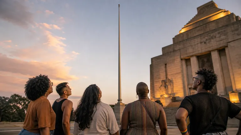 A Pride flag hangs still against the stone facade of a civic monument building at dusk.