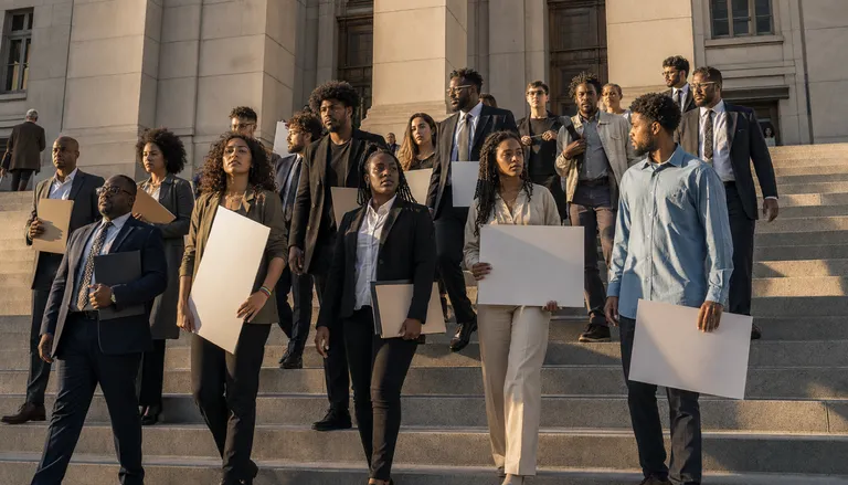 A racially diverse group of advocates and attorneys descend courthouse steps carrying folders and blank signs in warm afternoon light.