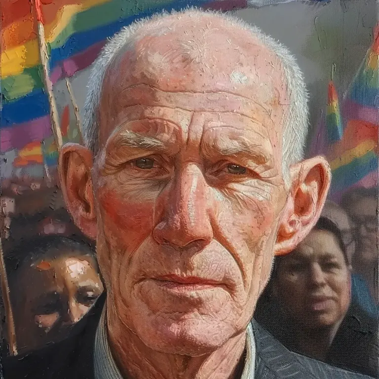 close-up portrait of an older man with a serious expression, his weathered face highlighted in natural light. In the background, rainbow Pride flags are visible, along with a crowd of people, suggesting a LGBTQ+ event or rally.