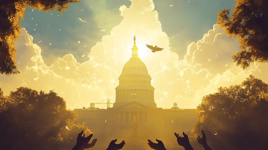 A new dawn over democracy, symbolizing hope, unity, and the triumph of justice and the rule of law.