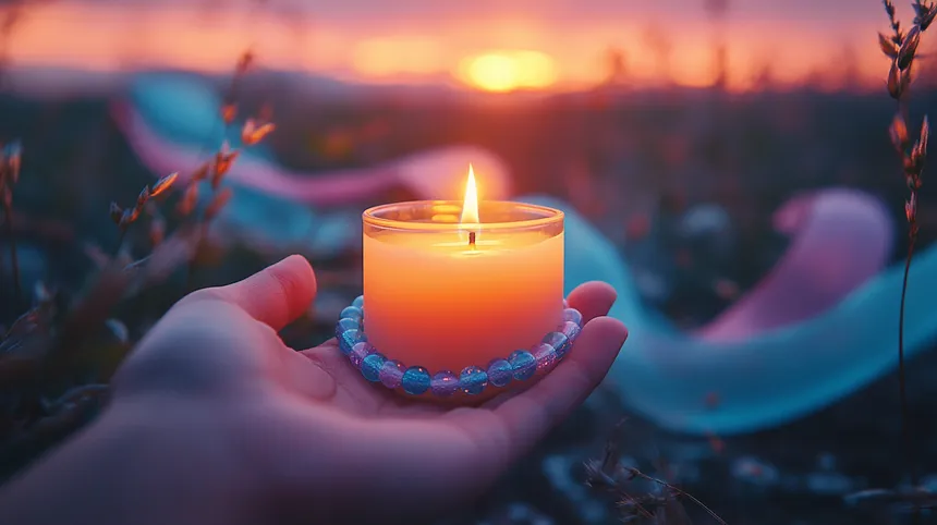 A hand gently holds a lit candle at dusk, symbolizing remembrance and hope, with soft hues of the transgender pride flag draped in the background.
