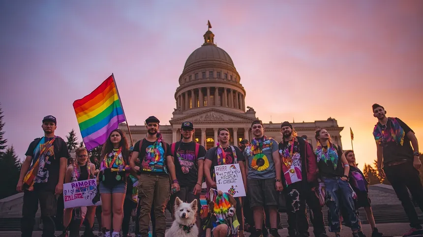 A diverse group gathers on the steps of the Washington State Capitol at sunset, adorned with vibrant pride flags and signs, standing united with determination and solidarity.