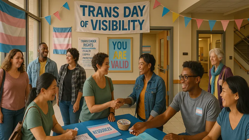 A welcoming community center lobby decorated with trans flags and posters hosts volunteers and attendees engaging in a daytime celebration.